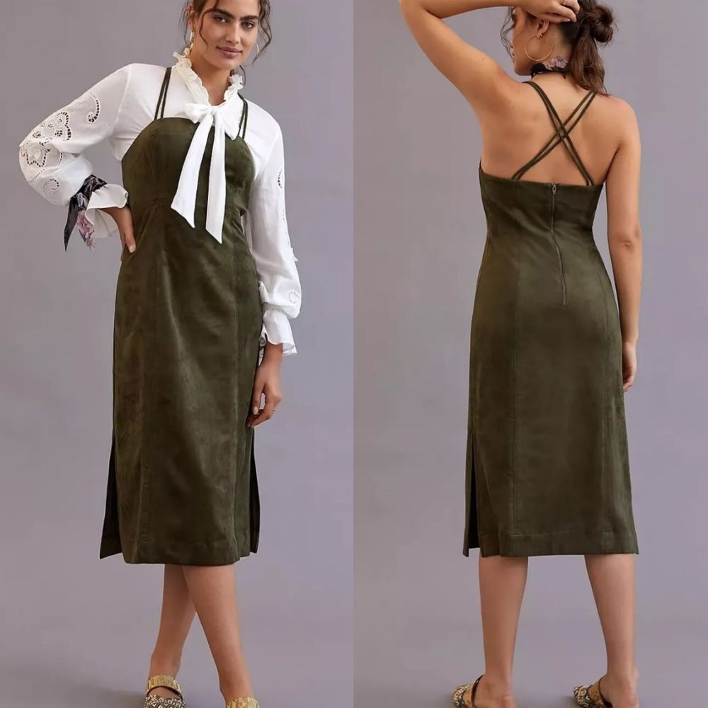 By Anthropologie Moss Green Vegan Faux Suede Sleeveless Midi Dress US 10